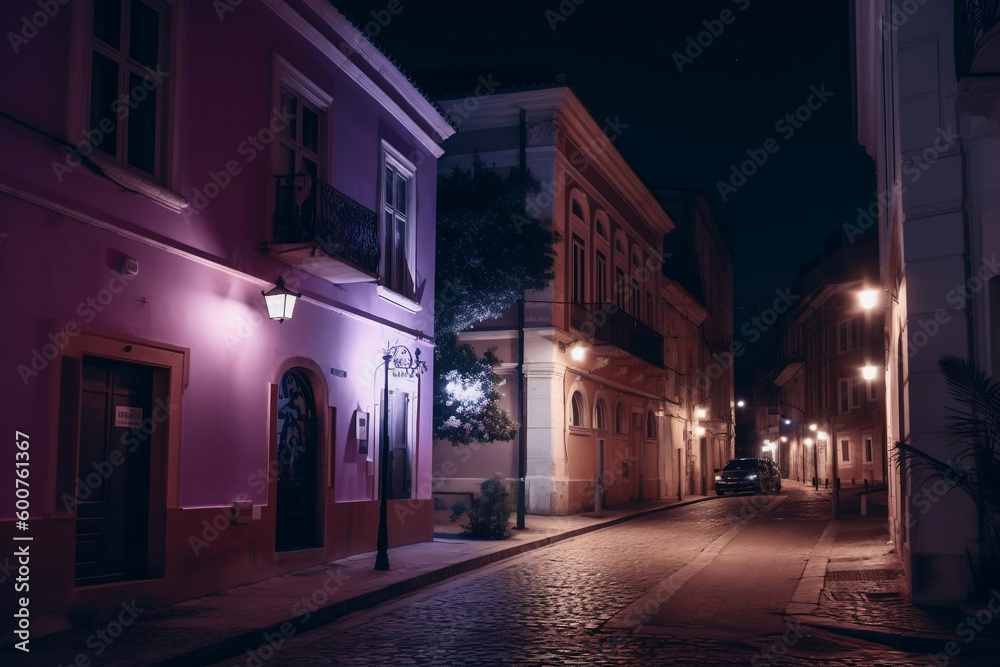 City street with traditional house and glowing purple night lights generative ai