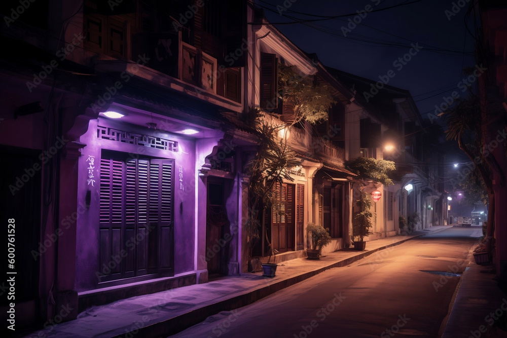 City street with traditional house and glowing purple night lights generative ai