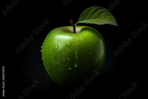 Green apple with leaf on black surface under light. Generative AI