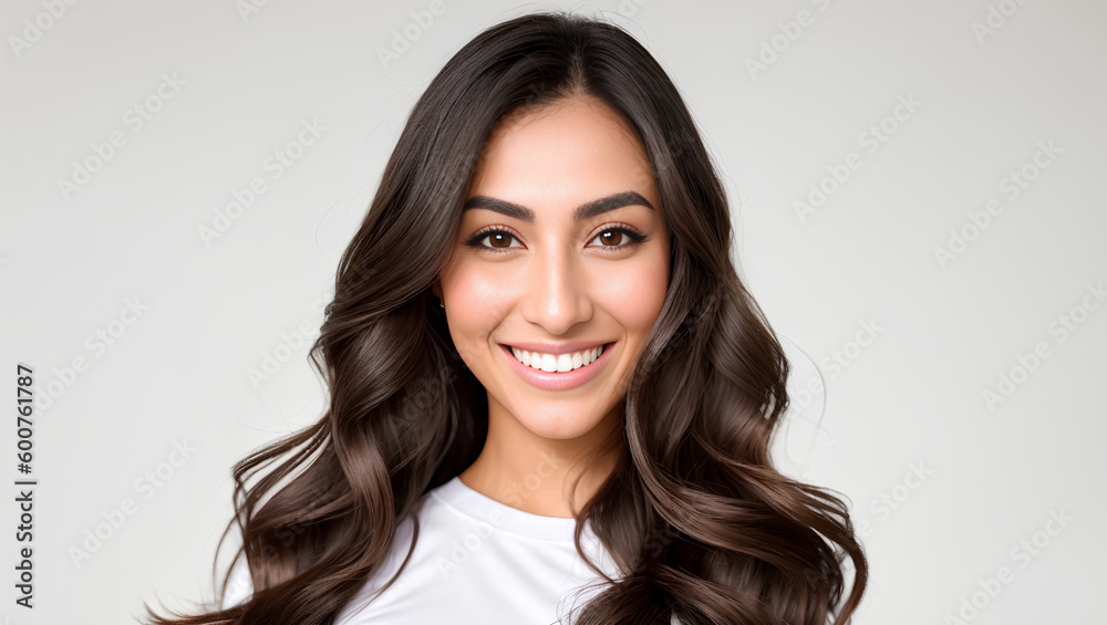 Arabic woman with brown hair looking at camera. Empty background with copy space. Generative AI. Arabic woman with brown hair looking at camera. Empty background with copy space. Generative AI.