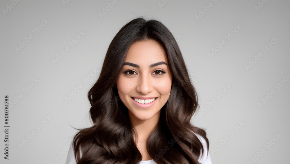 Smiling woman with brown, wavy hair looking at camera. Empty background with copy space. Generative AI. Smiling woman with brown, wavy hair looking at camera. Empty background with copy space. Generative AI.