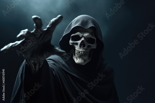 Grim reaper reaching towards the camera over dark background, AI