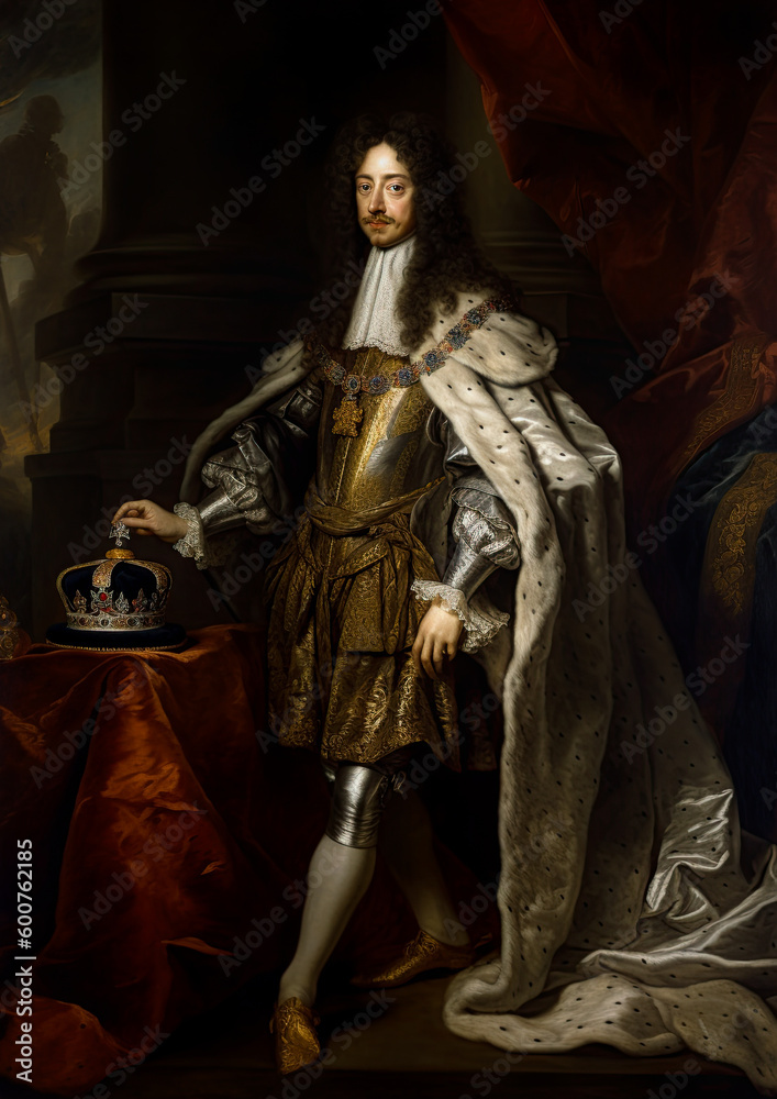 Naklejka premium Portrait of a king of England. In style of a oil painting. Generative Ai illustration