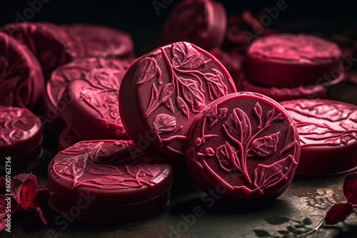 Flower-patterned ruby chocolate candy rounds. Generative AI