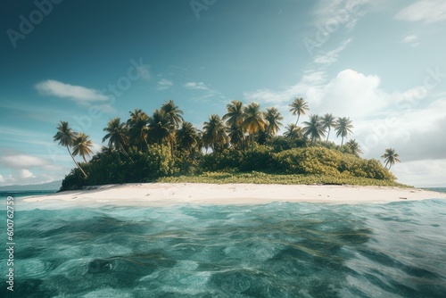 Tropical island with turquoise sea, yellow sand, green palm trees, and blue skies. A paradise for summer holidays, vacation, and tourism. Generative AI