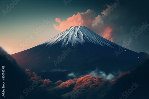 Artistic depiction of Japan's Mount Fuji volcano. Generative AI