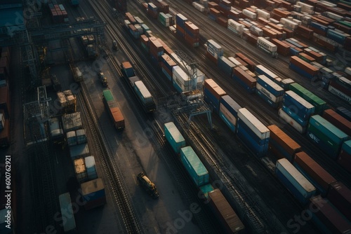 Overhead view of cargo containers at port being unloaded by cranes and forklifts onto train platform. Generative AI