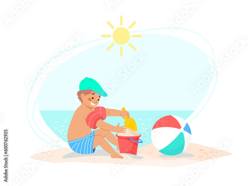 Toddler in swimming shorts, inflatable armbands and sunhat plays with bucket and spatula in sand on seashore. Vector illustration of family holiday with child at sea. 