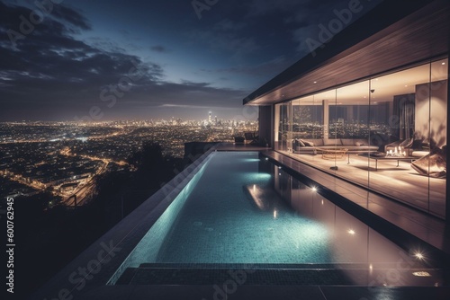 Sleek modern house with endless pool gazing at cityscape. Generative AI © Phoenix