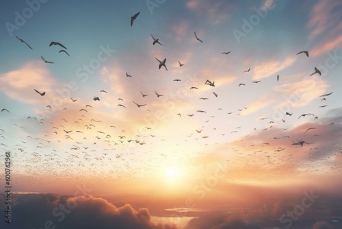 Illustration of birds flying in the sky. Generative AI © Serafina