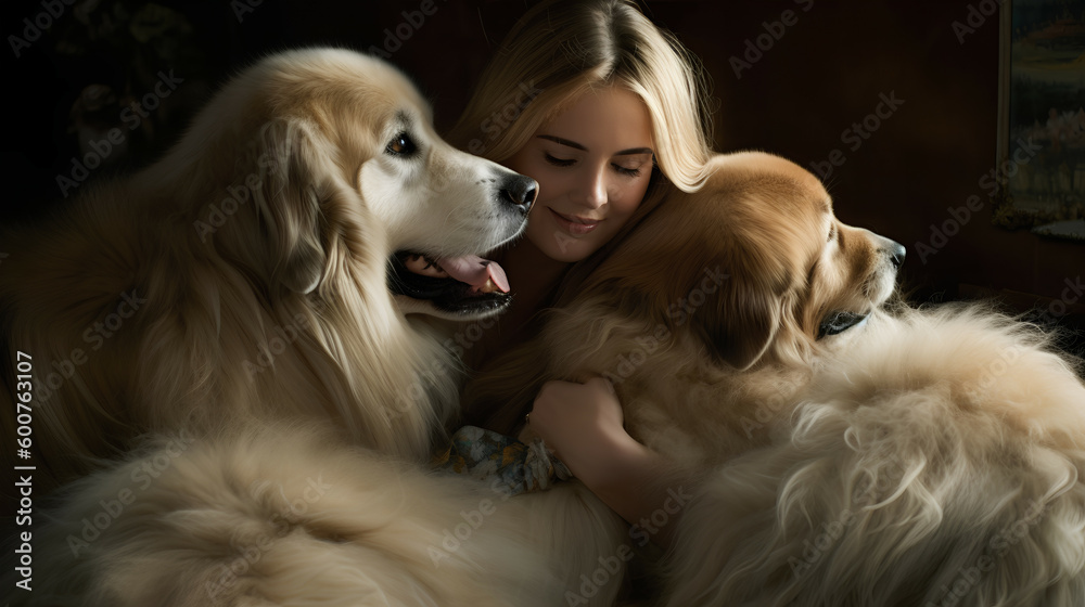 Portrait of woman hugging her dogs. Empty background with mockup. Generative AI. Portrait of woman hugging her dogs. Empty background with mockup. Generative AI.