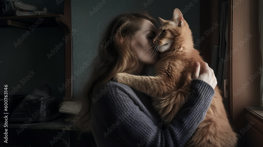 Female with red hair cuddling her orange cat. Blurred background with copy space. Generative AI. Female with red hair cuddling her orange cat. Blurred background with copy space. Generative AI.