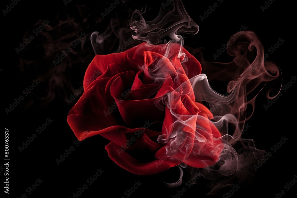 Naklejka premium Swirling red smoke roses on black background from generative ai