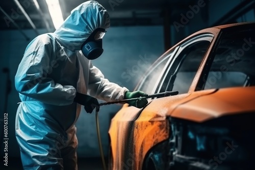 Car painter in protective clothes and_mask painting a vintage car. Generative AI. Painter, car, vehicle restoration.