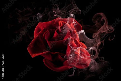 Swirling red smoke roses on black background from generative ai