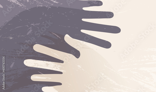 Racial equality concept. Two intersecting hands of a white man and a black man. Symbol sign Anti-racism human rights peace and friendship.Creative poster design - drawing paint brushes