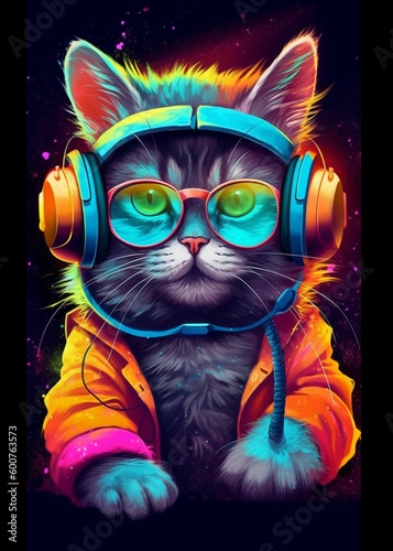 cute cat wearing sunglasses and heaphone Generative AI © thoif