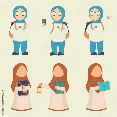 Vector cartoon character design Young muslim woman wearing hijab in various pose for graphic designer use