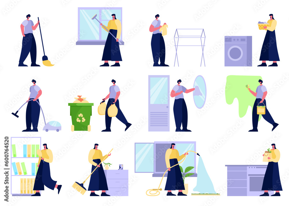 Collection of couple doing housework. Set of men, women (husband, wife)