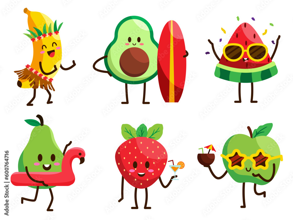 Set of fruit with various activity in cartoon character vector Set of fruit with various activity in cartoon character vector