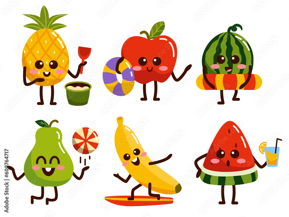 Set of fruit with various activity in cartoon character vector Set of fruit with various activity in cartoon character vector