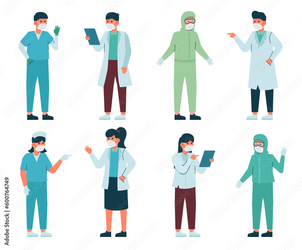 Medical personnel illustration in various outfits To perform duties in hospitals