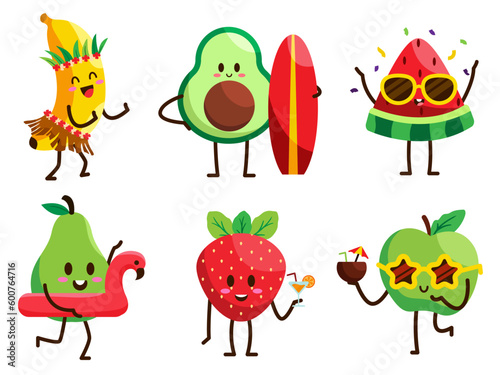 Set of fruit with various activity in cartoon character vector © Johnstocker
