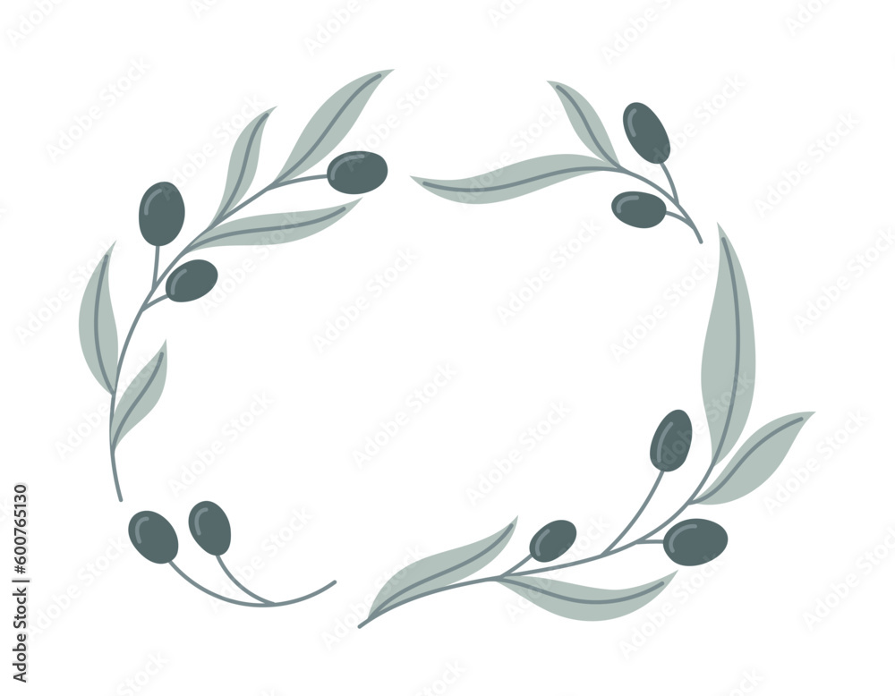 Obraz premium Frame of flat olive branches with leaves and berries. Vector isolated plant wreath.