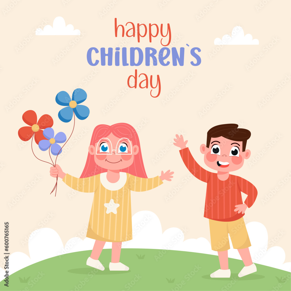 Happy children's day with children in a flat background