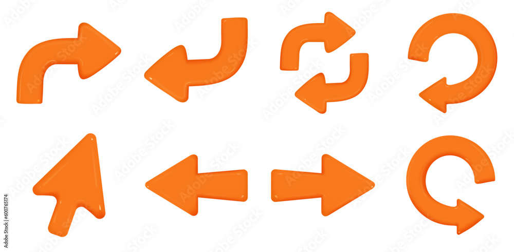 Vector set with orange arrows in different directions. 3D render, vector in high quality Vector set with orange arrows in different directions. 3D render, vector in high quality