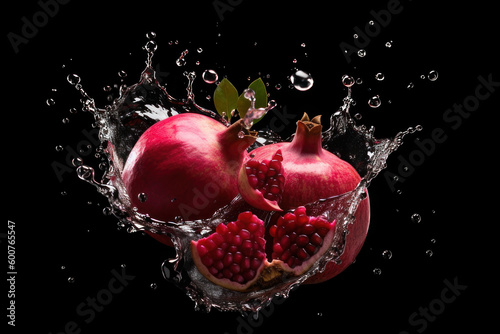 Fresh pomegranate and splashes of water on a black background. AI generative.