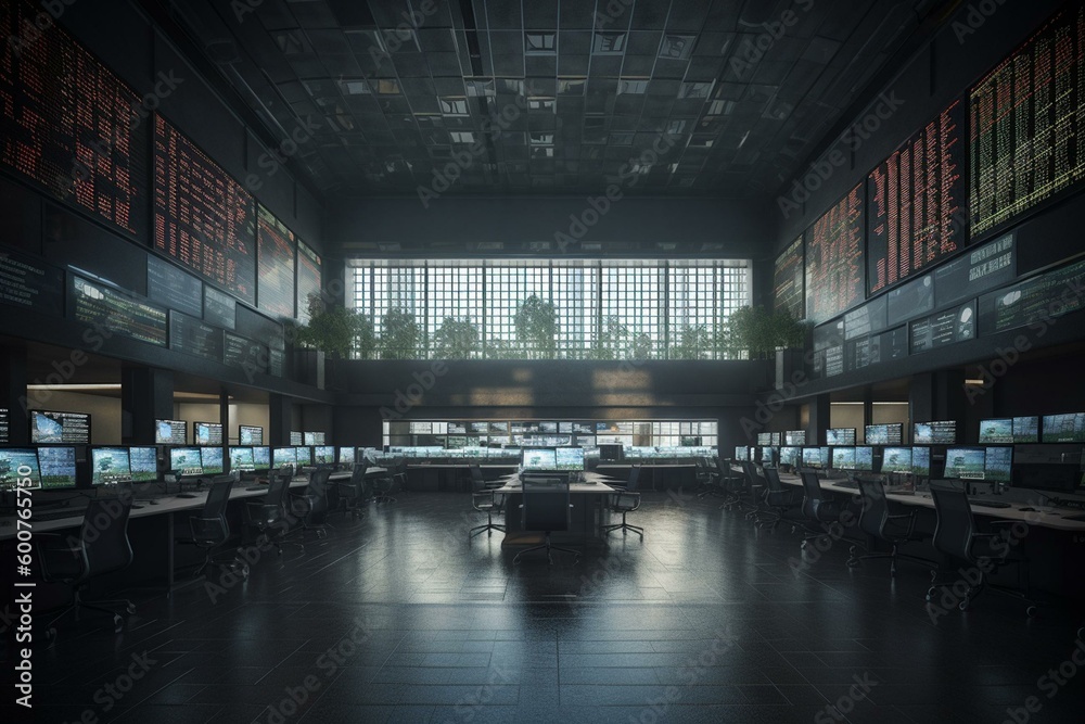 Illustration of stock exchange trading floor with basic resources sector data displayed on screen. Business and sector trading concept. Generative AI