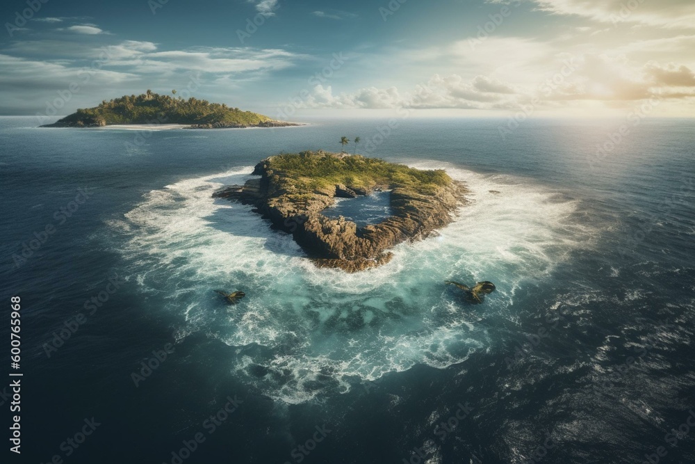 Heart-shaped island in ocean. Generative AI