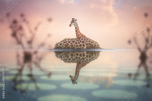 Generative ai unrealistic surreal fairy giraffe floating on lilly pod