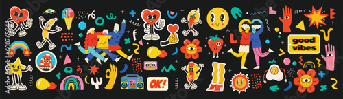 Groovy hippie love sticker character. Comic happy mushroom, hot dog and cloud character with wings in trendy retro 60s 70s cartoon style. Vintage isolated vector illustration.