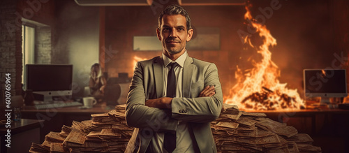 Foto A businessman in front of a fire in an office