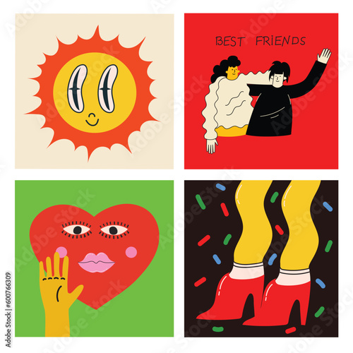 70's groovy square posters, cards or stickers. Retro print with hippie cute colorful funky character concepts of crazy geometric, dripping emoticon. Only good vibes sentence