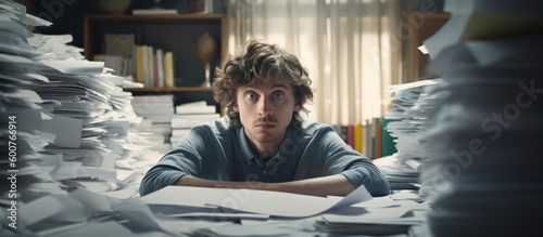 An exhausted man with too much work to do. Work piled up on his desk. Doing his taxes. Generative AI.