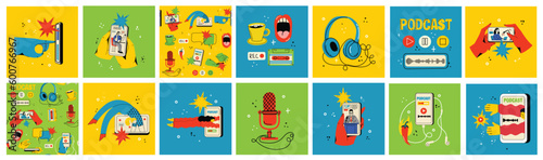 Concept of watching video online, podcast, talk show, tv application, live streaming. Hand holding smartphone with man with microphone on screen. Vector illustration in flat style