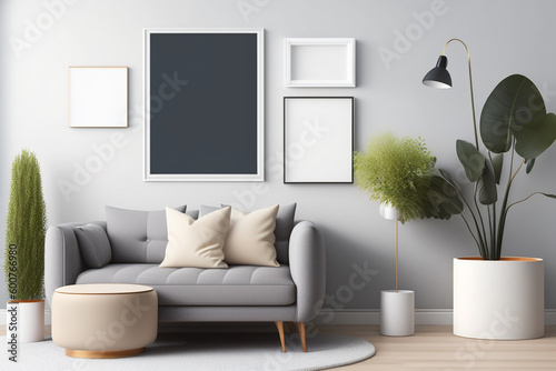 A living room with a couch and a plant on the wall. Generative Ai