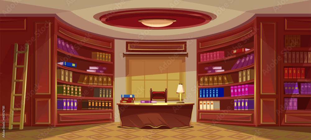 Library interior, bookcase, bookshelf, desk, window with curtain. Oval ...