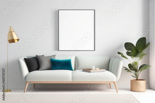 A living room with a blue couch and a white table with three white framed pictures on the wall. Generative Ai