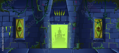 Stone dungeon with treasure. Mysterious underground stone tunnel with columns, ancient mechanisms, totems, gems. Stone wall. Jungle, creepers, moss. In search of adventures Vector cartoon illustration