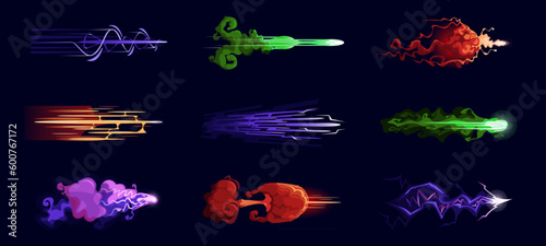 Vfx weapon effect. Space weapon shot, blaster, laser, beam gun, plasma beams, lightning, smoke. Light magical effects. Colorful energy shot effects. Sci-fi gaming comic. Vector cartoon illustration