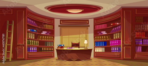 Library interior, bookcase, bookshelf, desk, window with curtain. Oval office, decorated furniture, mahogany, carpet. Large collection of books. Vintage room interior. Vector cartoon illustration.