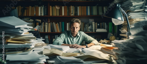 An exhausted man with too much work to do. Work piled up on his desk. Doing his taxes. Generative AI.