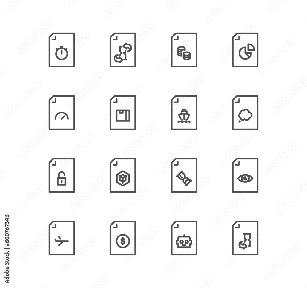 Set of document flow management related icons, form, data, document, batch processing, bureaucracy and linear variety vectors.