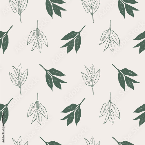 Green tea. Seamless pattern with tea plant. Repeating background with green plant. For packaging, textile, print, template, card. Decorative ornament. Hand drawn design element. Vector illustration