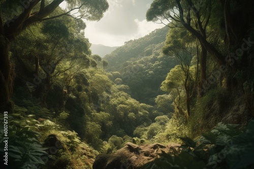Amidst a colossal hillside tree canopy,. Generative AI © Saira