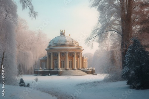 A cold morning in Pavlovsk Park during winter. Generative AI photo